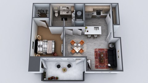 Floor plan for 1 bed, 1 bath, 735 sqft